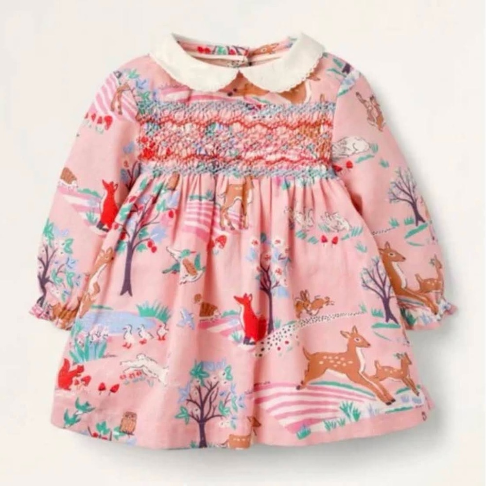 Baby Bode Pink Longsleeve Dress Woodland Creatures Peter Pan Collar 6-12 months